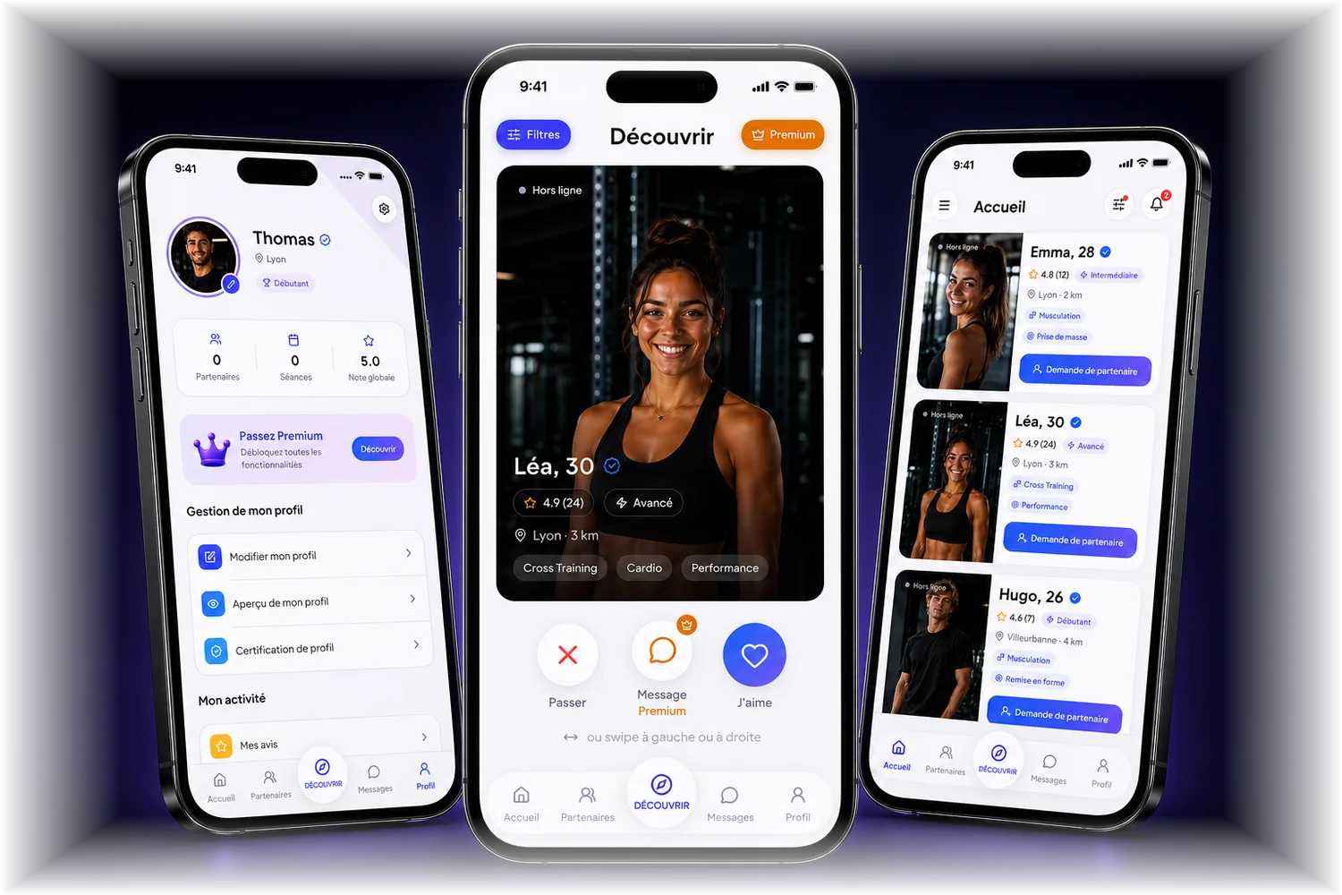 Trois écrans de l'application PartnerProgress : le profil personnel, la découverte de profils et le fil des sportifs à proximité.