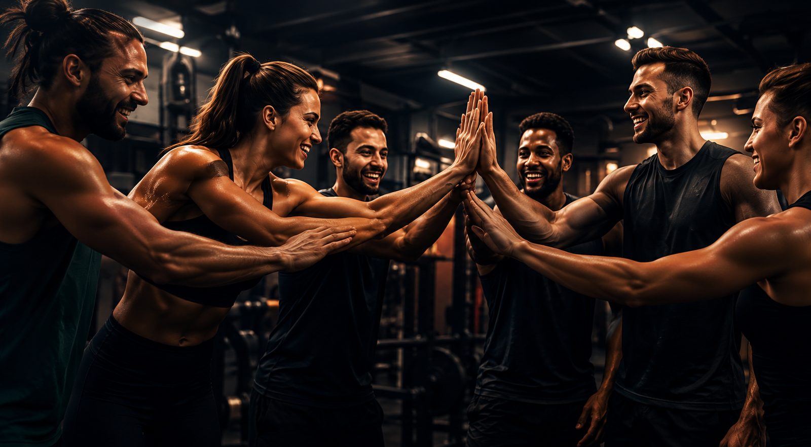 Un groupe de sportifs réunis en cercle, mains jointes au centre, après une séance.