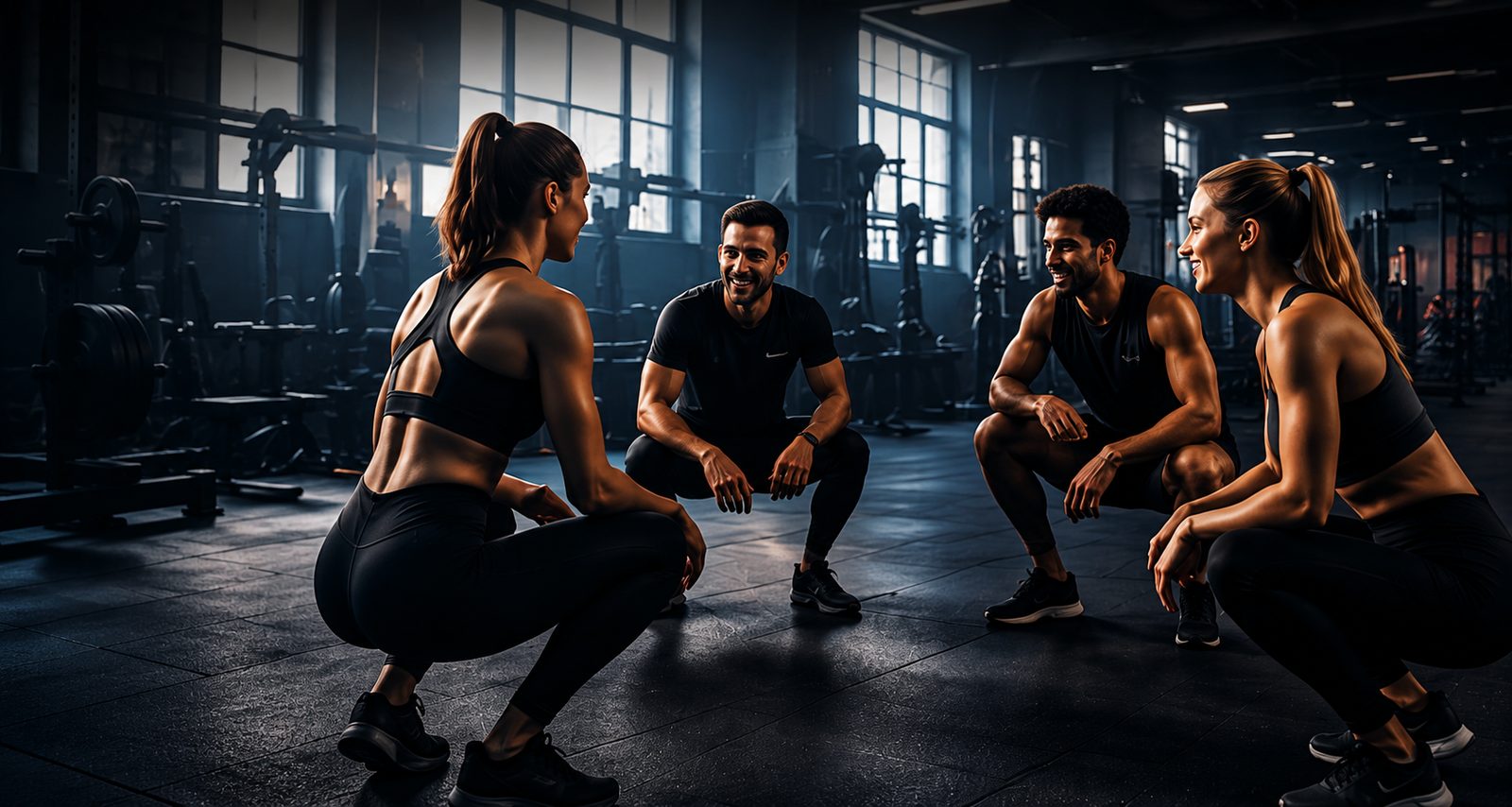 Quatre sportifs accroupis en cercle dans une salle de sport, en train d'échanger avant une séance.